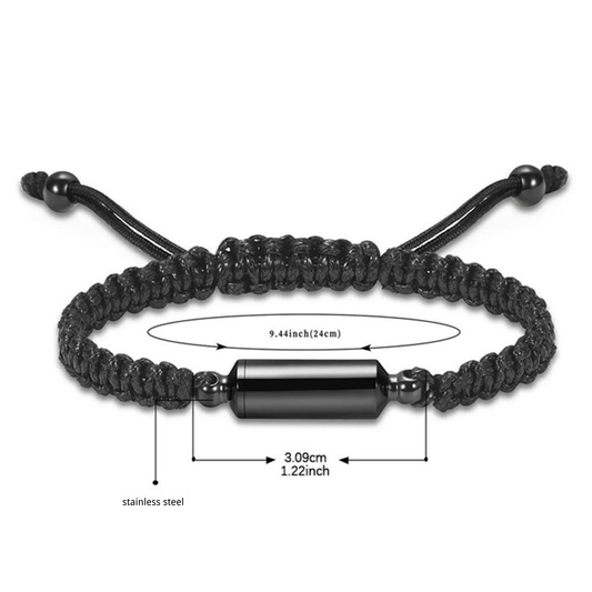 Cremation bracelet size guide – adjustable braided urn bracelet length 24cm, stainless steel ashes cylinder 3.09cm, memorial keepsake jewelry