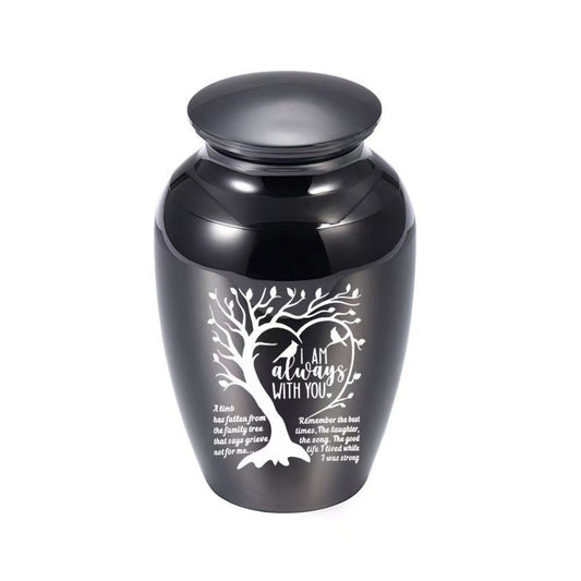 Black “I Am Always With You” Tree of Life heart engraved mini pet keepsake urn on white background