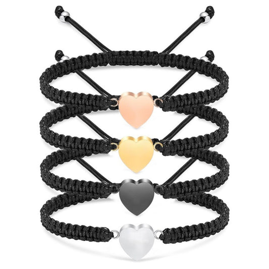 Four color options heart cremation urn bracelet braided cord silver black gold rose gold