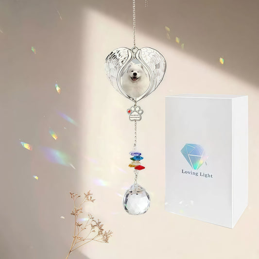 Angel wings heart pet memorial suncatcher with crystal prism and gift box