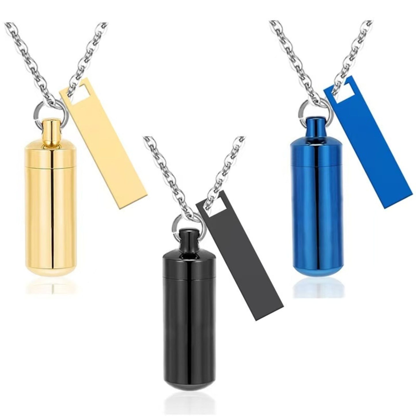 Six-color capsule keepsake keychain set with matching rectangular tags and rings