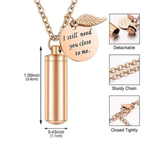 Rose gold cylinder urn necklace size graphic showing 1.50 inch length and 0.43 inch width with detachable pendant and sturdy chain