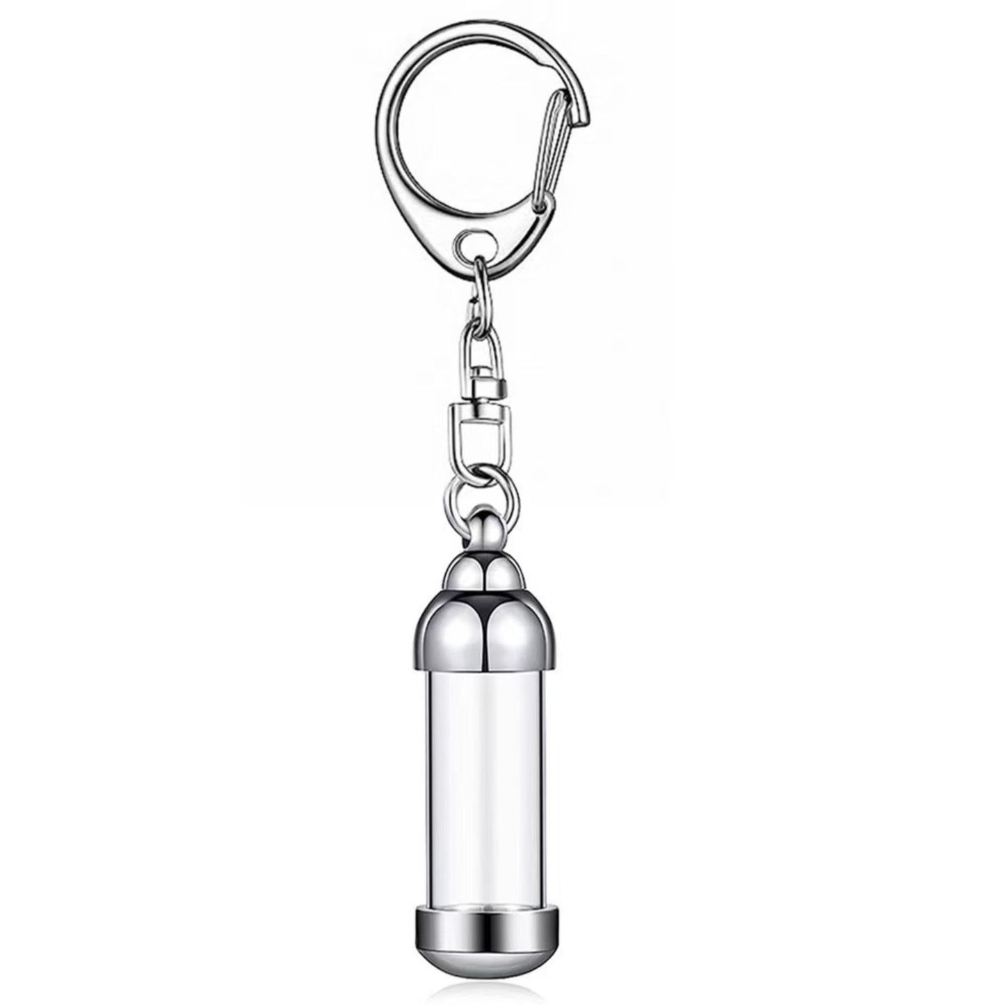 Silver aluminum alloy transparent cylinder ashes urn keychain pendant, single memorial keepsake keyring for pet remembrance