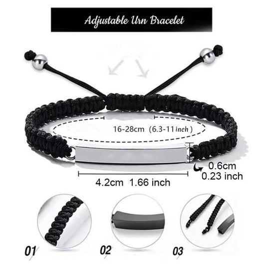 Adjustable urn bracelet size chart showing 16–28cm fit and stainless steel tube measurements (4.2cm length, 0.6cm width).