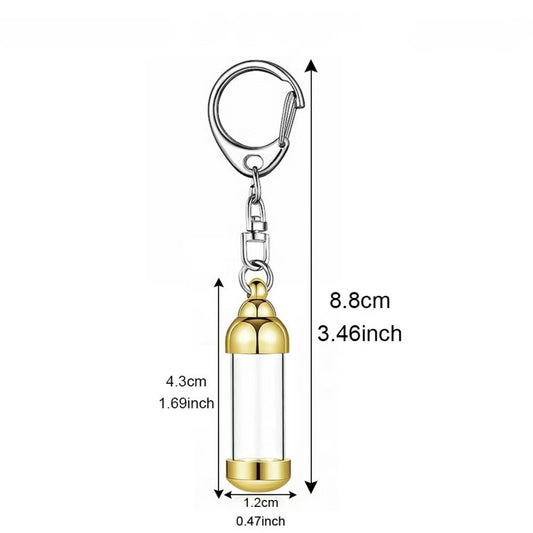 Product size chart for transparent cylinder pet memorial ashes keychain urn showing 8.8 cm total length and 4.3 cm pendant size