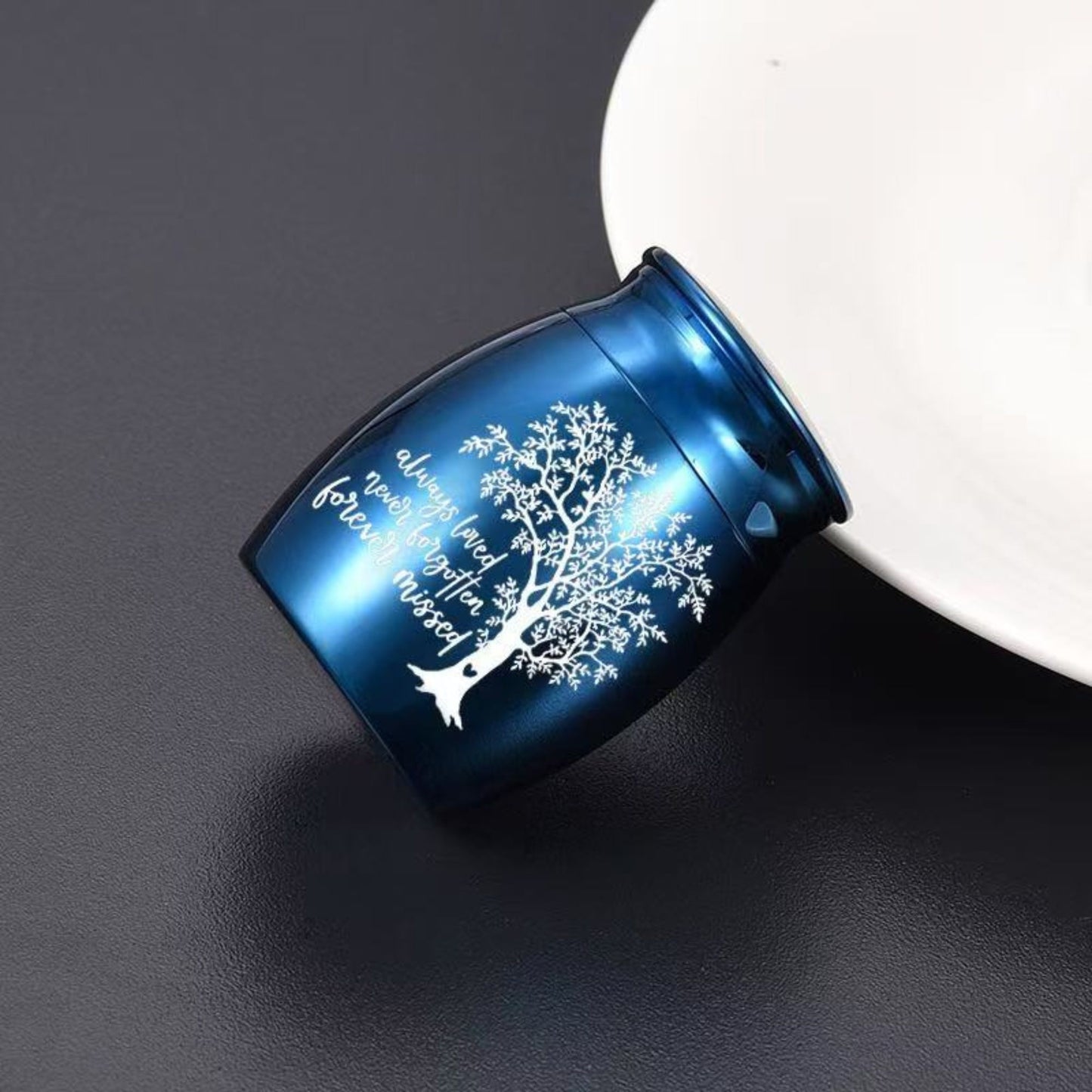 Mini blue Tree of Life pet keepsake urn shown