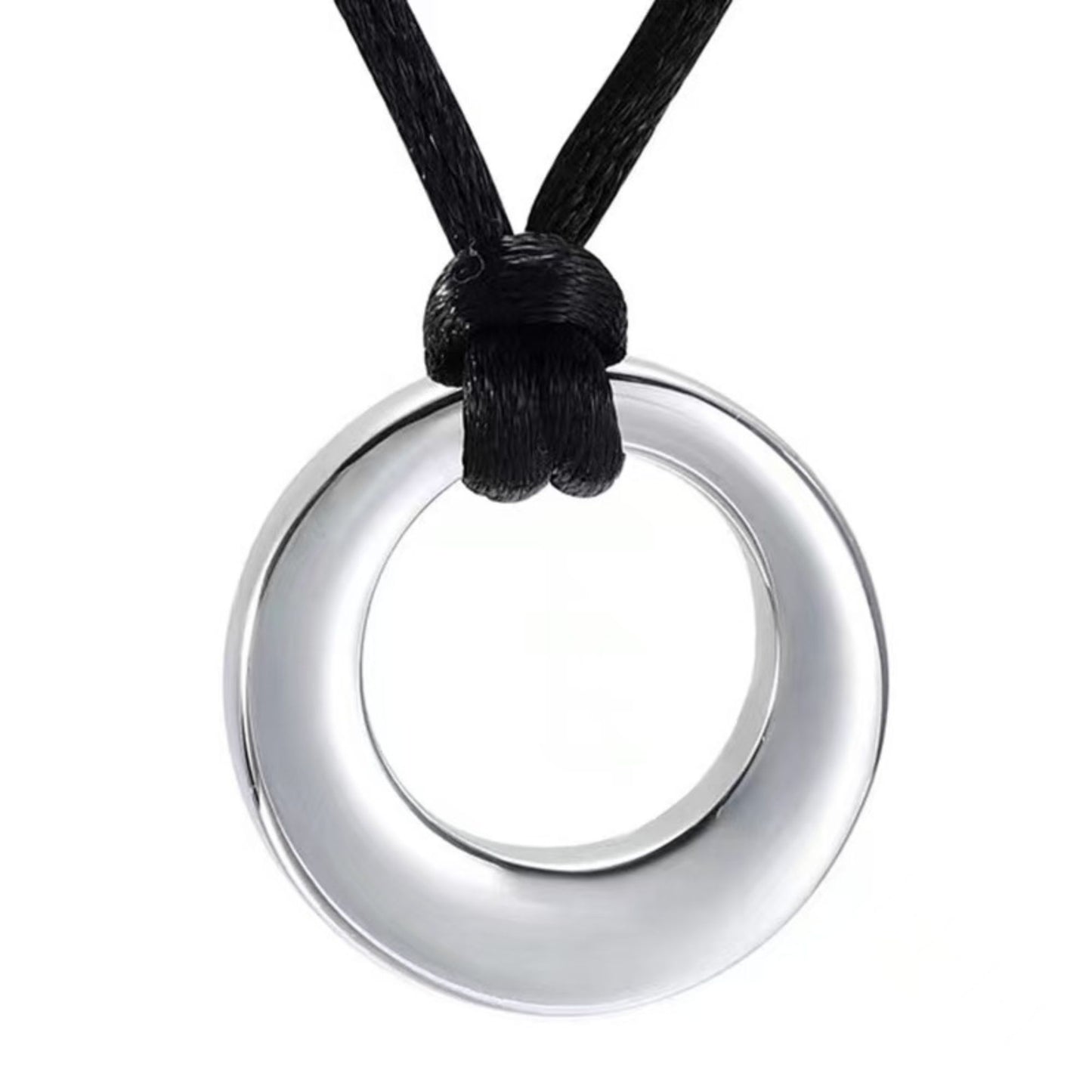 Close-up of silver hollow circle urn pendant on adjustable black cord necklace