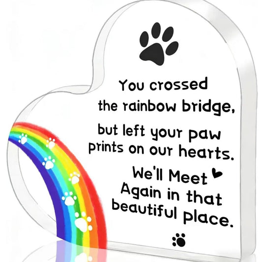 "Pet memorial acrylic plaque with Rainbow Bridge design and heartfelt tribute for dog loss or cat memorial"