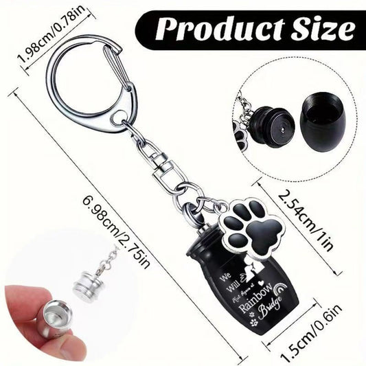 Product size chart for pet ashes urn keychain showing keyring and mini urn dimensions with screw-top opening detail