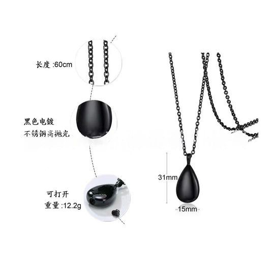 Black teardrop pet urn necklace showing 60cm chain length and pendant size 31mm by 15mm