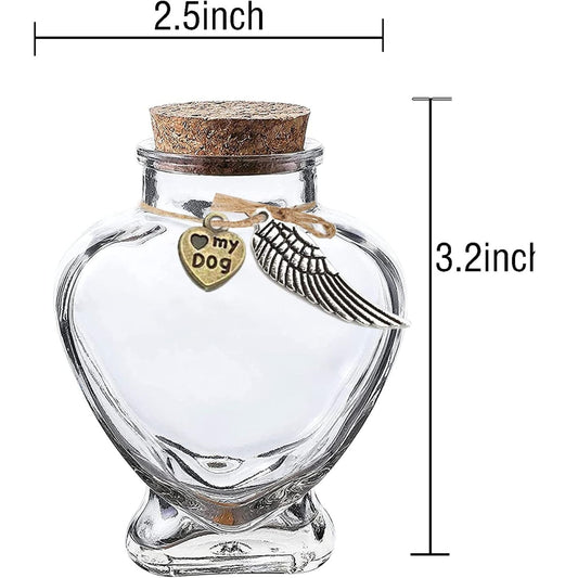 "Pet ashes memorial jar with heart shape and cork stopper, 2.5 inches x 3.2 inches"