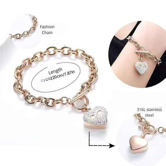 Silver infinity heart cremation urn bracelet for ashes, stainless steel chain, 20cm 7.87IN