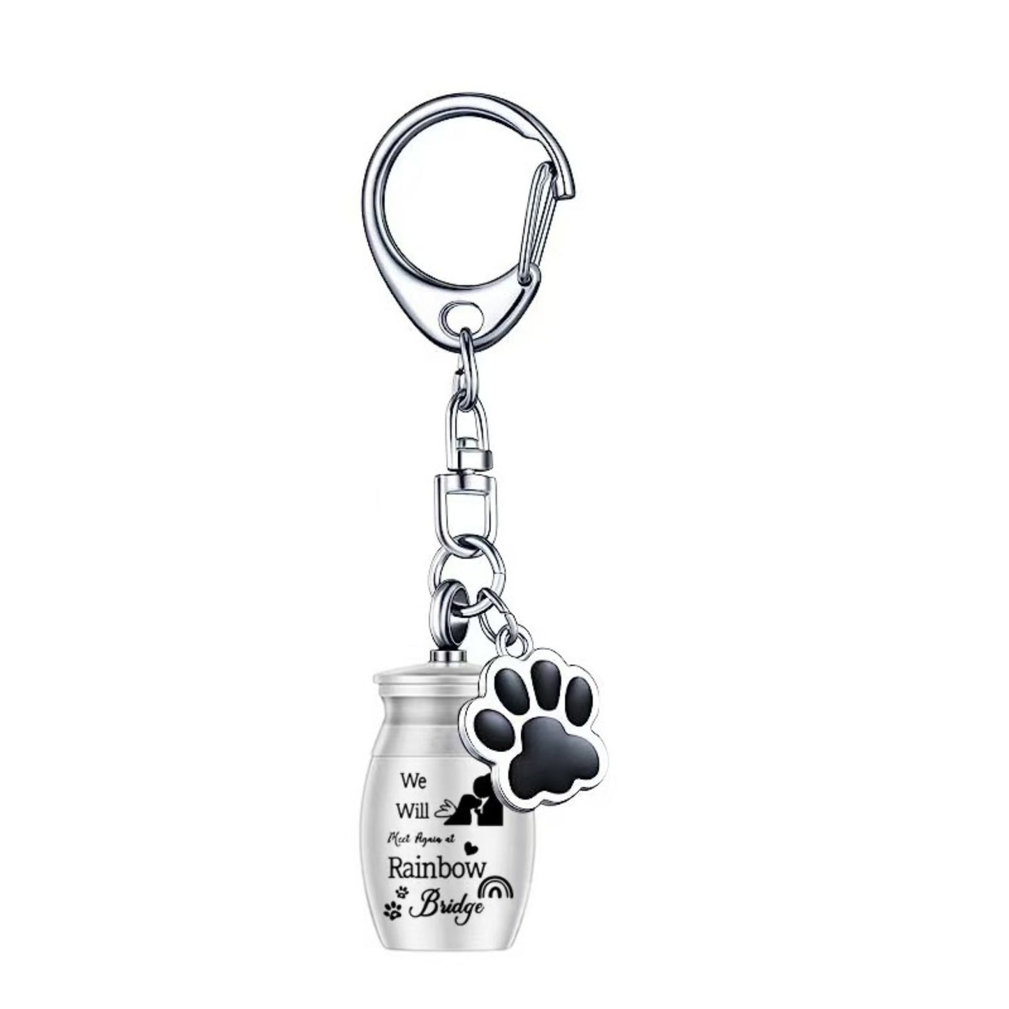 Silver Rainbow Bridge pet memorial ashes urn keychain with paw charm on white background, single item