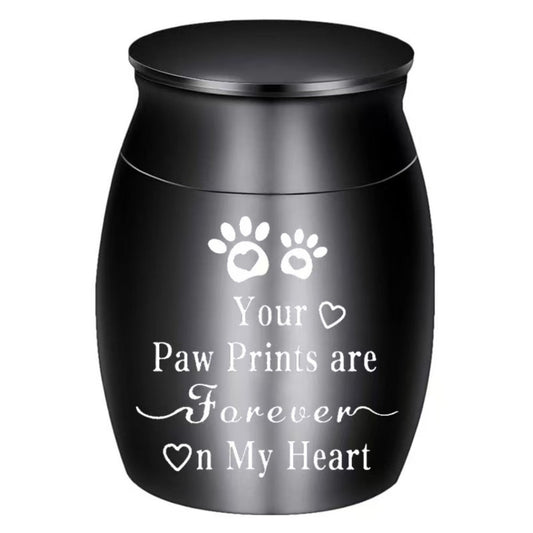 Black Paw Prints “Forever On My Heart” mini pet keepsake urn shown
