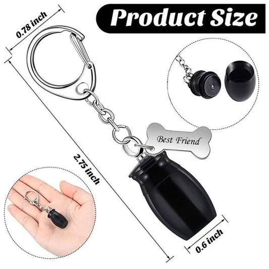 Product size chart for black mini memorial urn keychain showing approximate 2.75 inch total length, 0.6 inch urn width, and screw-top opening detail.