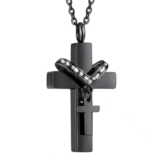 Black stainless steel cross urn necklace pendatont on snake chain, front view product photo