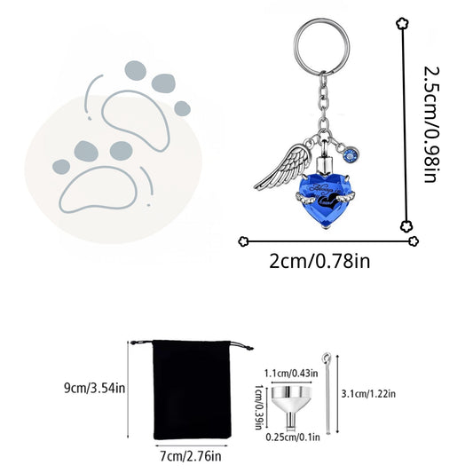 Size chart for heart urn keychain (2.5 cm x 2 cm) with velvet pouch and filling tools (mini funnel and pin)
