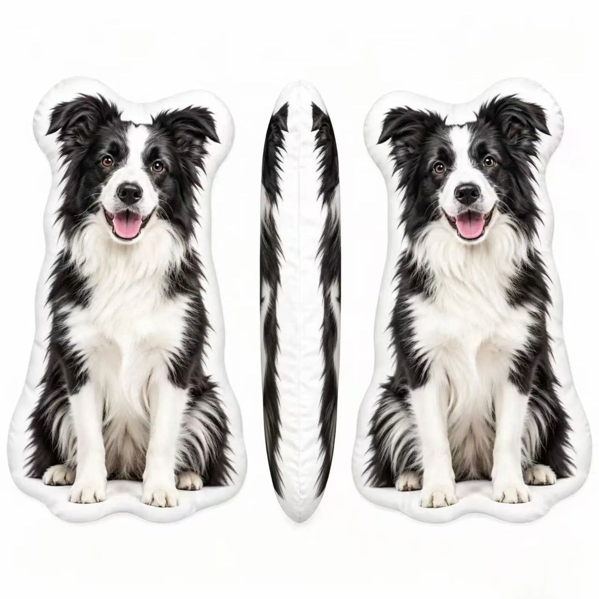 Custom shaped Border Collie pet pillow shown from the front, side and back