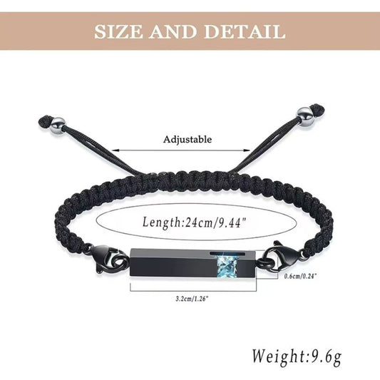 Size and detail of braided cremation bracelet, adjustable 24cm length and stainless steel tube 3.2cm