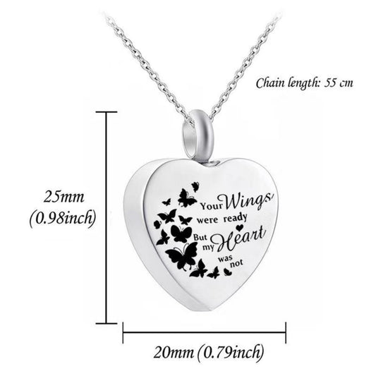 Heart urn necklace size chart showing 55cm chain and 25mm x 20mm heart pendant