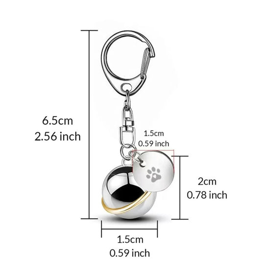 Dimensions measurement chart of the orbit planet pet ashes urn keychain and clasp.