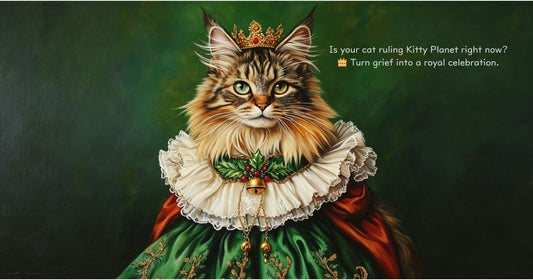 Royal custom Maine Coon cat portrait in a renaissance oil painting style with a crown, serving as a whimsical pet loss remembrance on Kitty Planet.