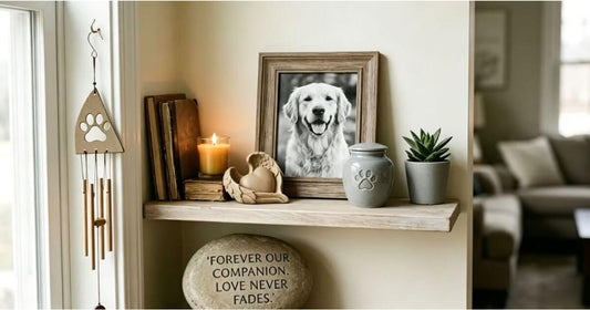 A serene indoor pet memorial corner on a wooden shelf featuring a dog photo frame, a small pet cremation urn, a healing candle, and a memorial stone.