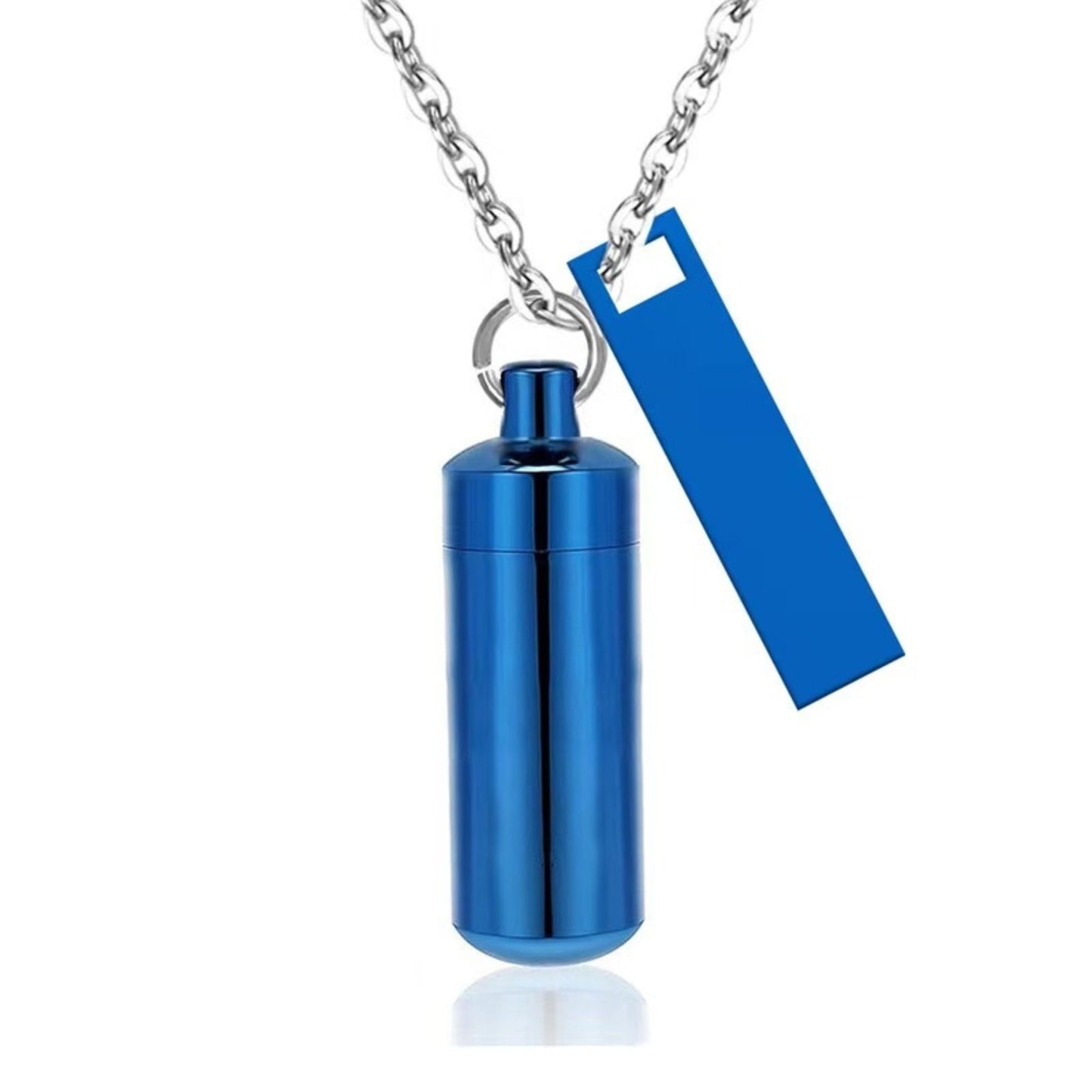 Blue alloy capsule pet urn necklace with matching black tag on silver chain front view
