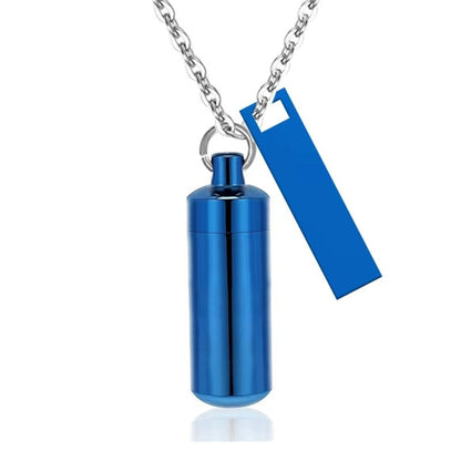 Blue alloy capsule pet urn necklace with matching black tag on silver chain front view
