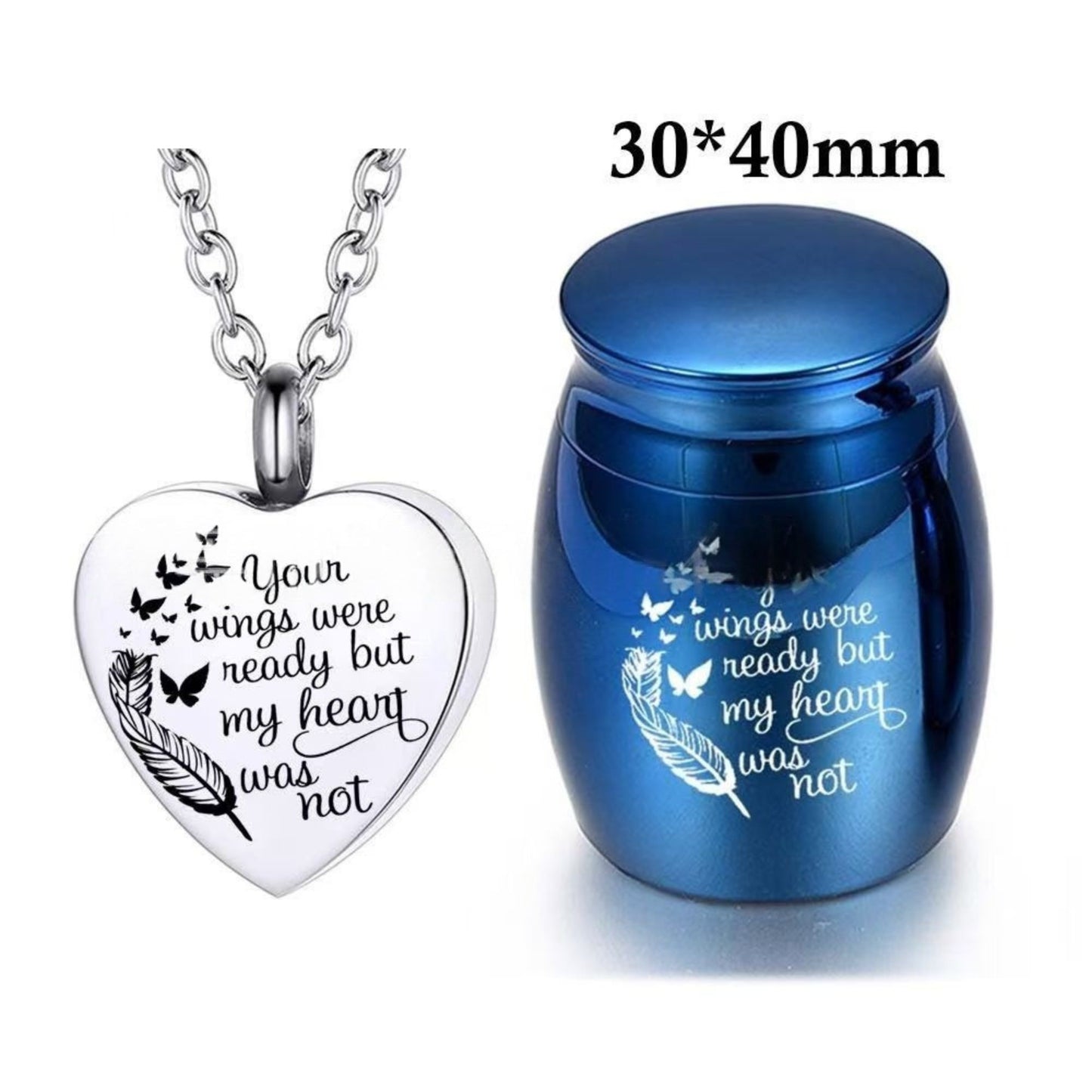Blue mini pet keepsake urn with engraved feather and butterflies beside heart cremation necklace pendant