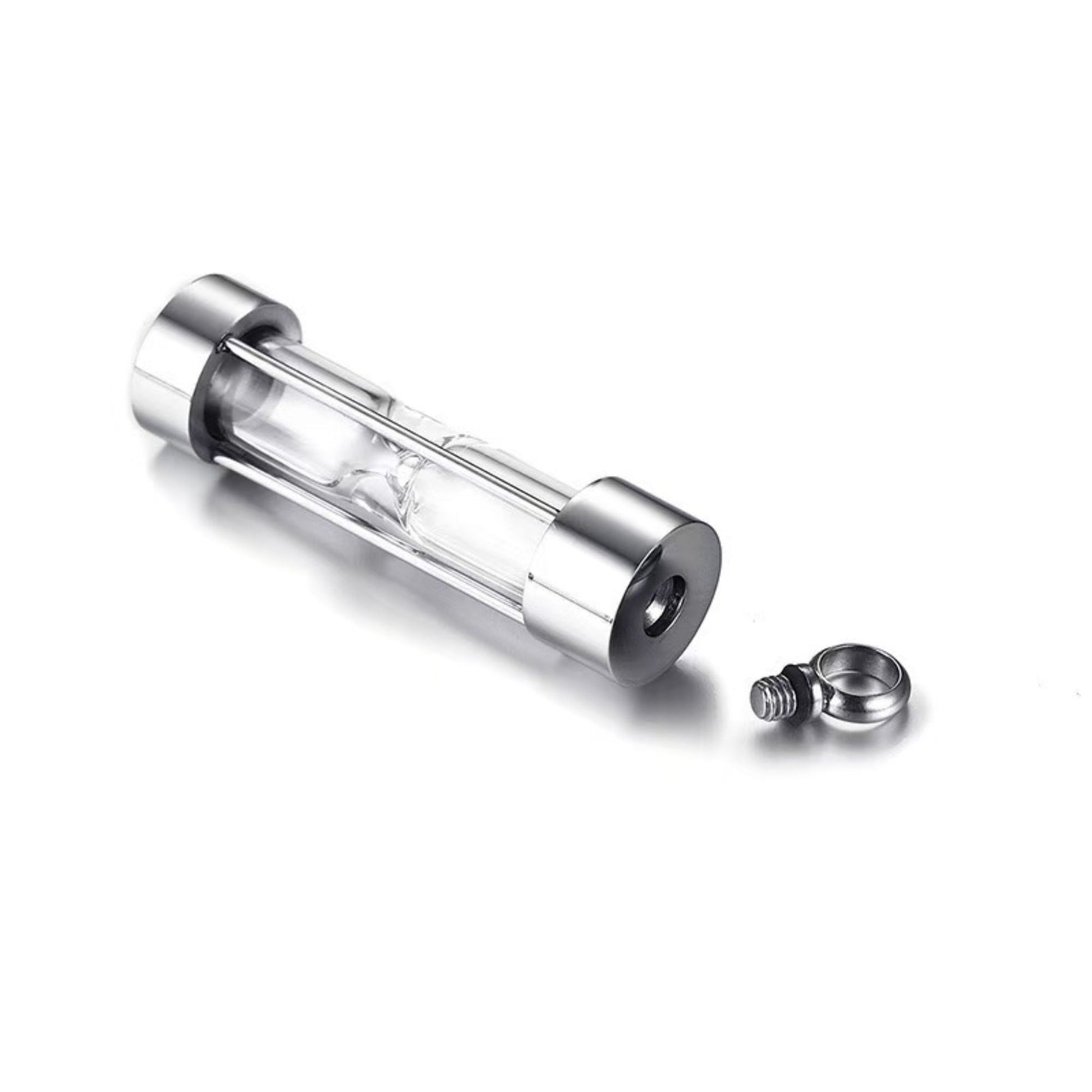 Open silver hourglass urn pendant showing screw-top closure and O-ring seal.