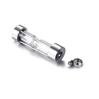 Open silver hourglass urn pendant showing screw-top closure and O-ring seal.