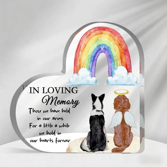 This acrylic memorial plaque features the heartfelt message "IN LOVING MEMORY," with a design of two dogs walking towards a rainbow bridge, making it a perfect keepsake for honoring a pet's memory.
