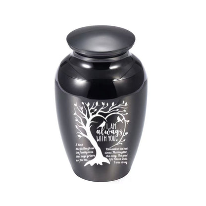Black “I Am Always With You” Tree of Life heart engraved mini pet keepsake urn on white background
