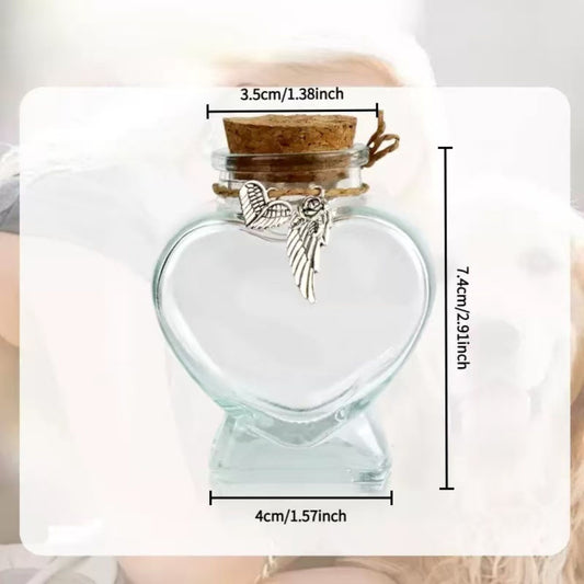 (Dimensions): "Pet ashes memorial jar with heart shape and cork stopper,