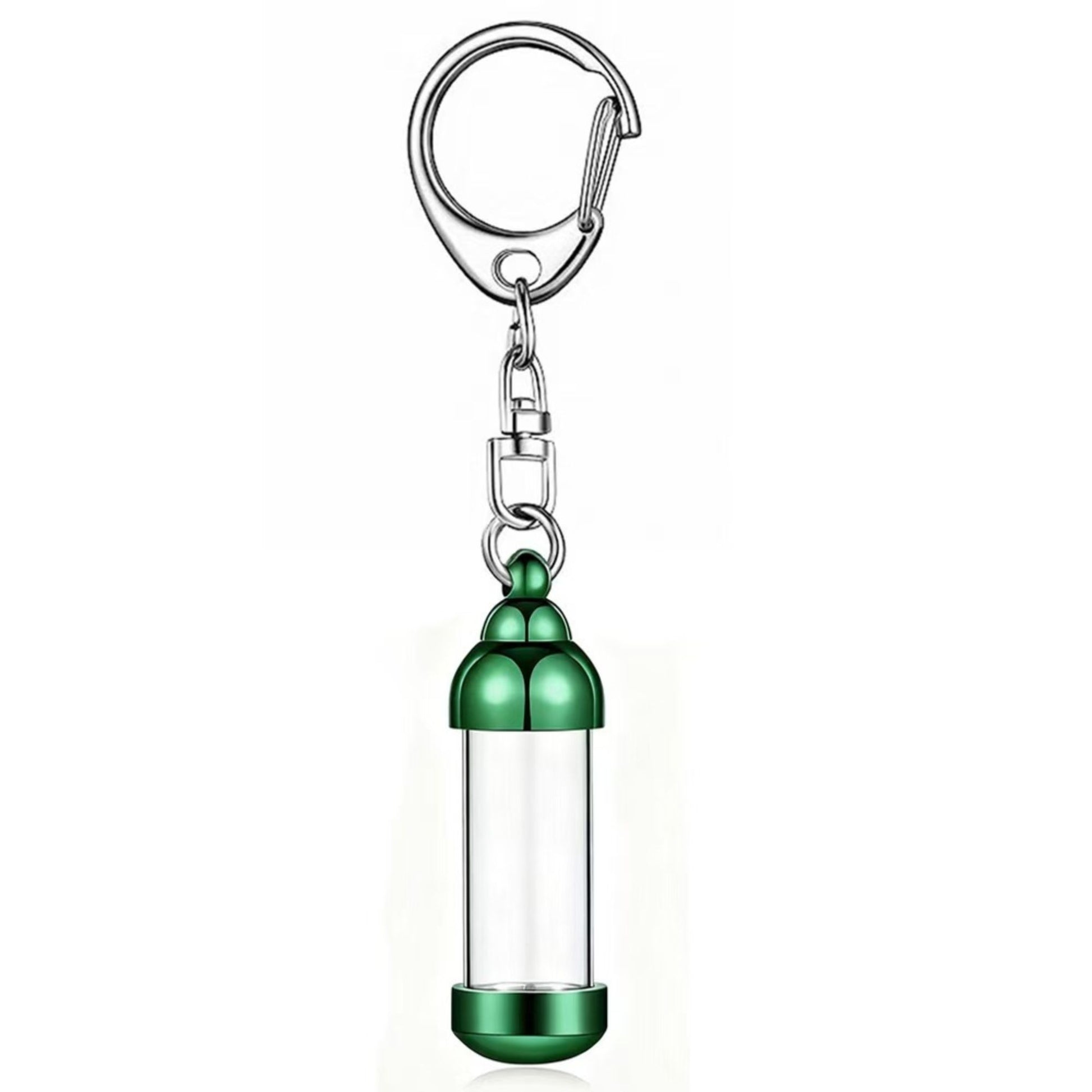 Green aluminum alloy transparent cylinder ashes urn keychain pendant, single memorial keepsake keyring for pet remembrance
