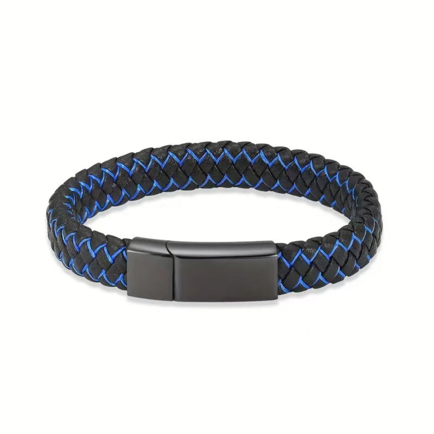 Black blue braided leather men’s urn bracelet with titanium steel clasp and white accent weave