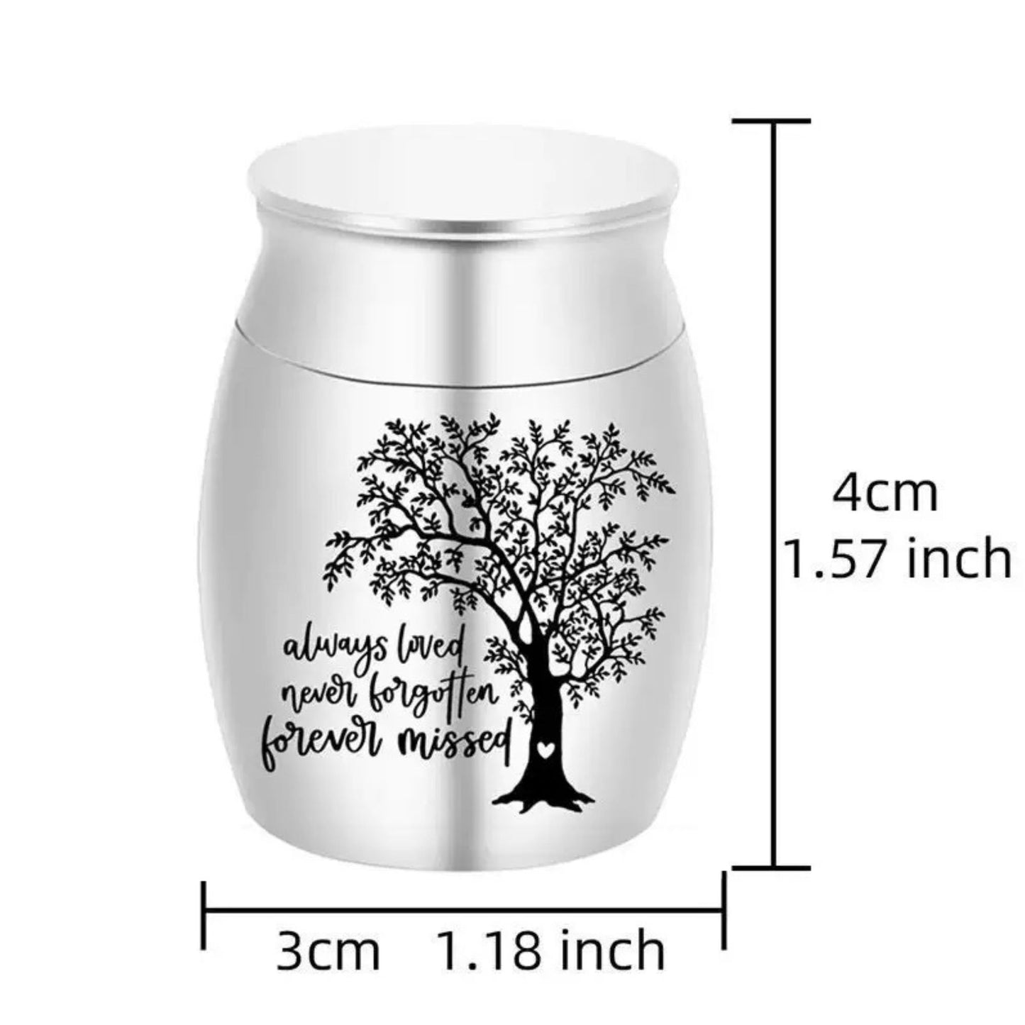 Tree of Life mini urn size chart showing 4cm height and 3cm width (1.57in x 1.18in)