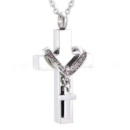 Stainless Steel Cross Urn Necklace – 12 Birthstone Crystal Cross Pendant, Memorial Cremation Jewelry (22" Chain)