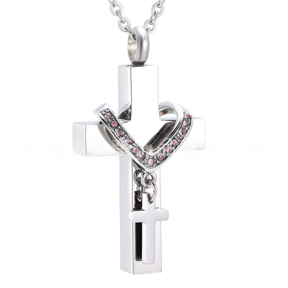 October,Stainless steel cross urn pendant with  birthstone crystal accents, memorial cremation jewelry