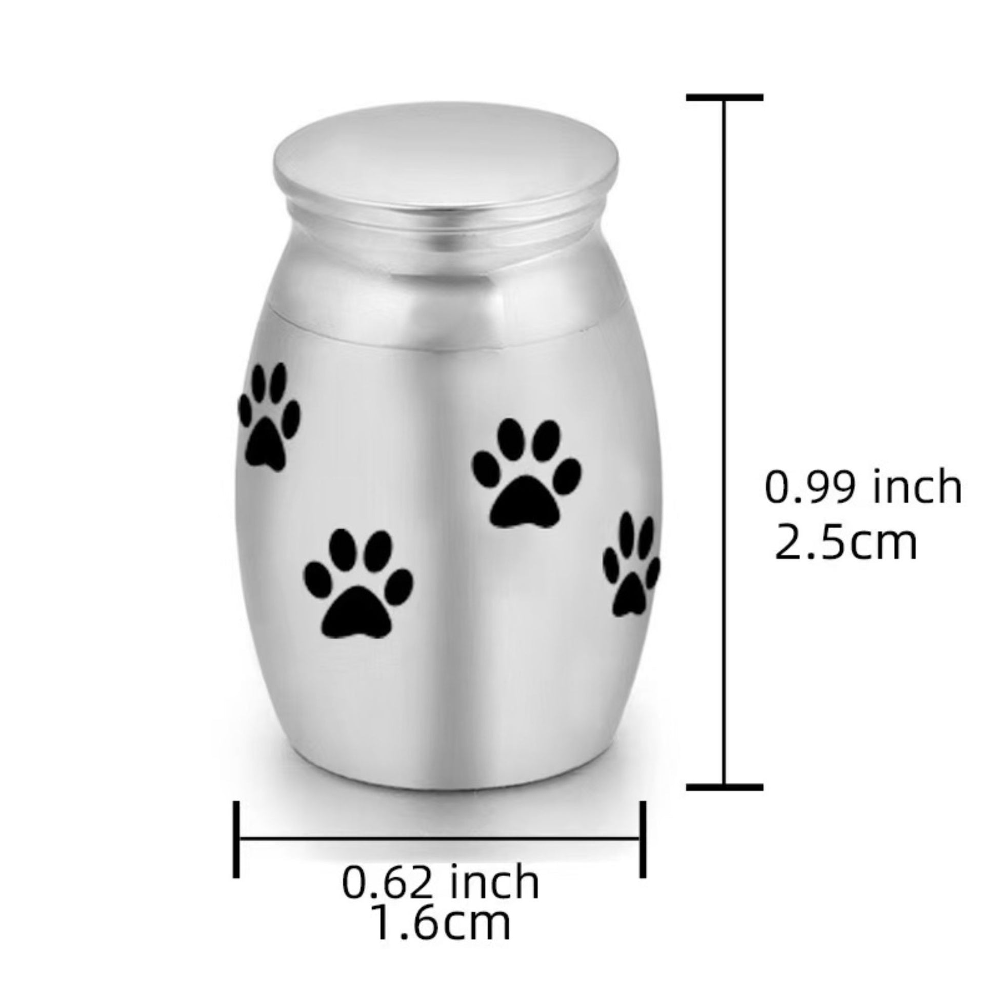 Mini stainless steel pet urn size chart showing 2.5cm height and 1.6cm width (0.99in x 0.62in)