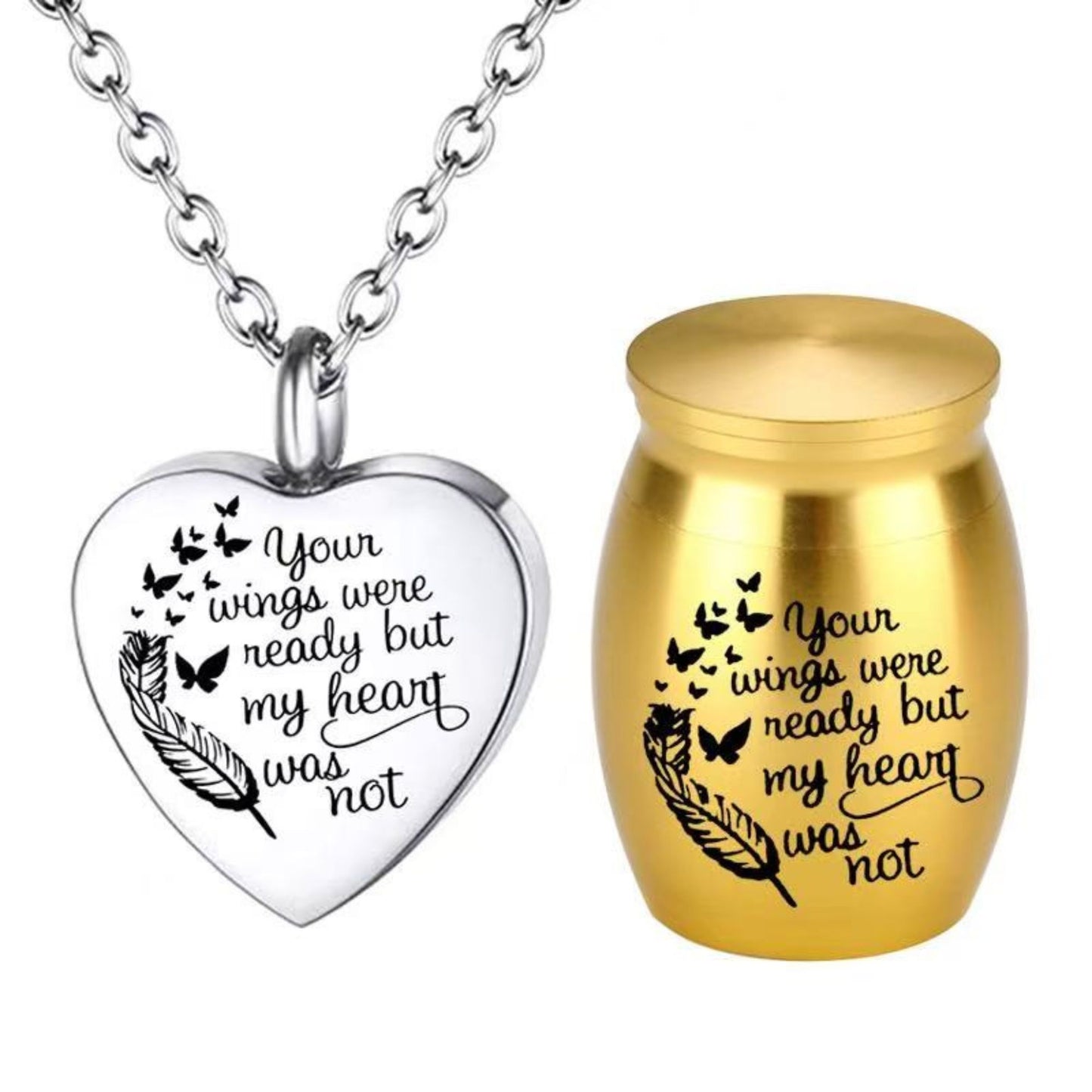 Gold mini pet keepsake urn with engraved feather and butterflies beside heart cremation necklace pendant