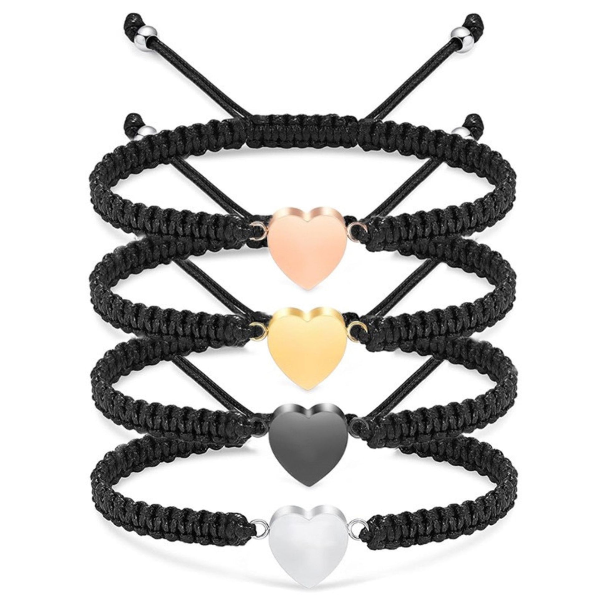 Four color options heart cremation urn bracelet braided cord silver black gold rose gold