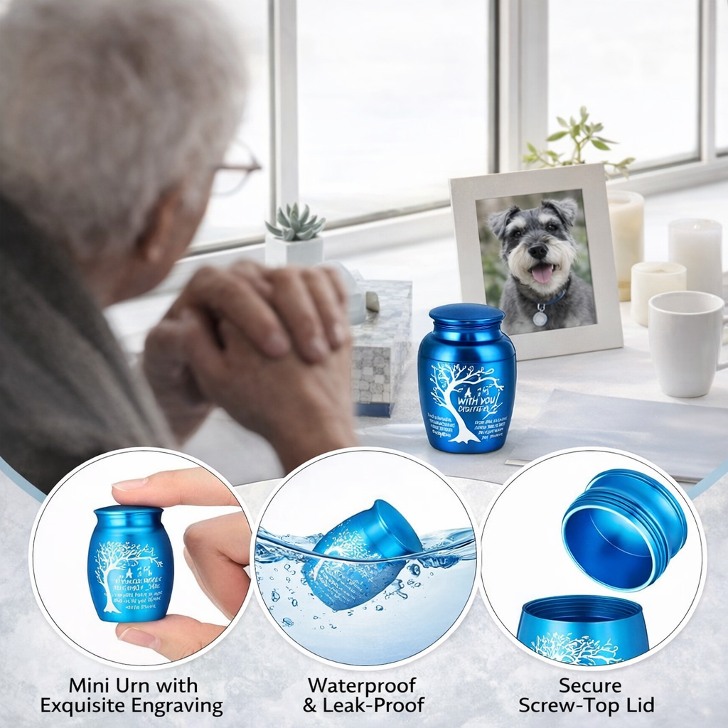 Feature graphic showing mini urn engraving, waterproof & leak-proof claim, and secure screw-top lid