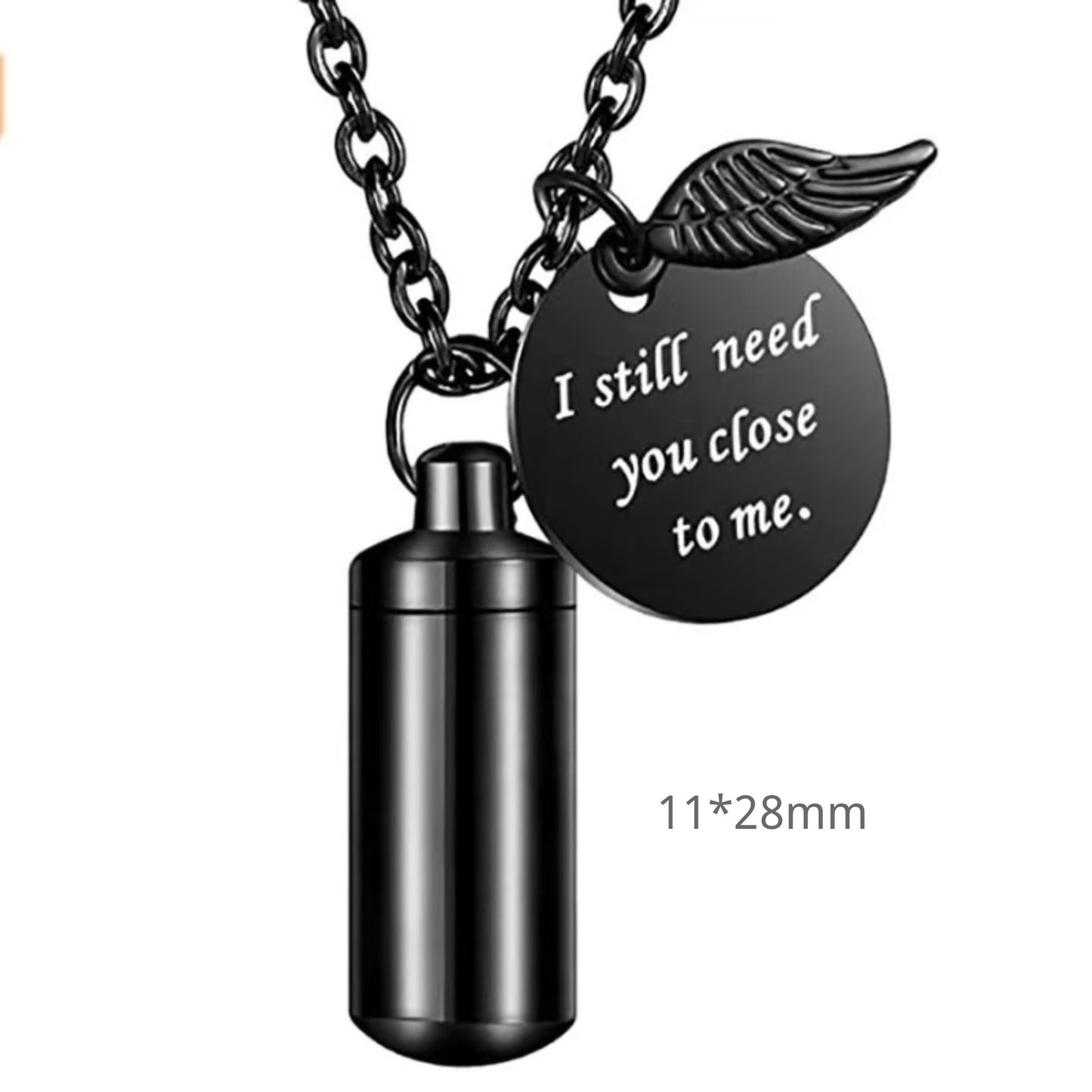 Black cylinder pet urn necklace with engraved charm shown with size label 11×28mm