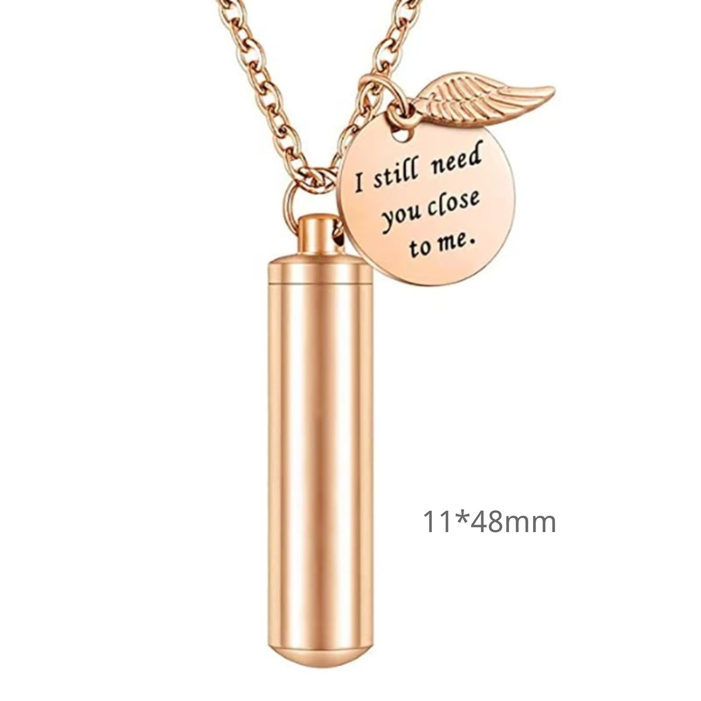 Rose Gold cylinder pet urn necklace with engraved charm shown with size label 11×48mm