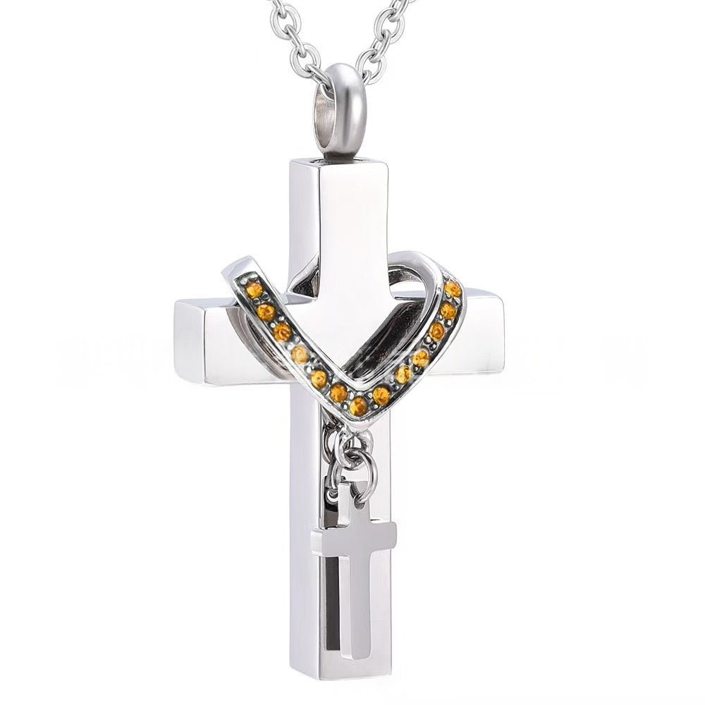 November,Stainless steel cross urn pendant with  birthstone crystal accents, memorial cremation jewelry