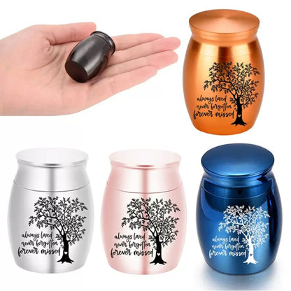 Mini Tree of Life pet keepsake urn in multiple colors with “Always loved never forgotten forever missed” engraving