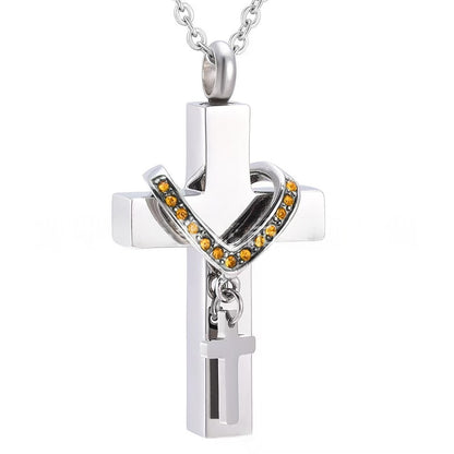 Stainless Steel Cross Urn Necklace – 12 Birthstone Crystal Cross Pendant, Memorial Cremation Jewelry (22" Chain)