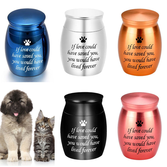 “If love could have saved you, you would have lived forever” pet keepsake urn shown in multiple colors (blue, silver, copper, black, rose gold)
